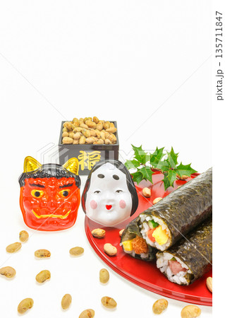 節分 赤鬼とお多福と恵方巻 節分 赤鬼とお多福と恵方巻 135711847