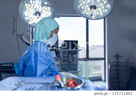Female Middle Eastern surgeon standing in operating room by tray under LED lights, copy space 135711981