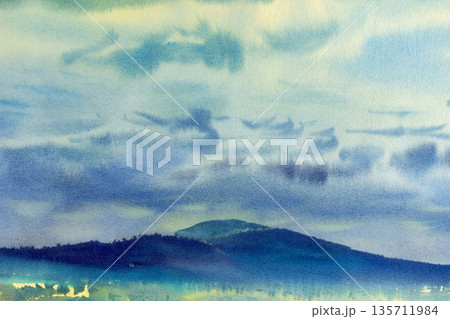 Painting landscape colorful of trees meadow field in mountain. 135711984