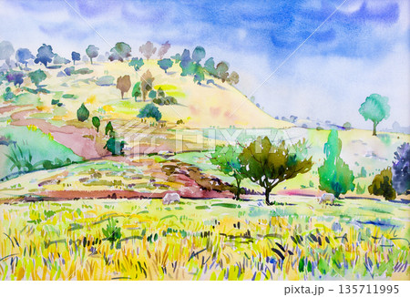 Paintings colorful of cottage and rice field , with mountain. Paintings colorful of cottage and rice field , with mountain. 135711995