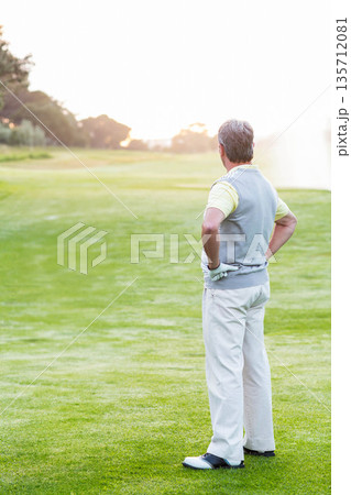 Senior African American man standing on pondside fairway wearing golf attire and glove, copy space 135712081