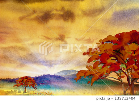 Painting landscape colorful of Red, orange trees, flowers and meadows. Painting landscape colorful of Red, orange trees, flowers and meadows. 135712404
