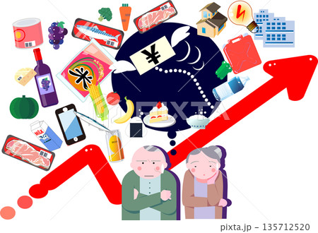 物価高騰と生活費の上昇に頭を悩ませる高齢者夫婦のイラスト 物価高騰と生活費の上昇に頭を悩ませる高齢者夫婦のイラスト 135712520