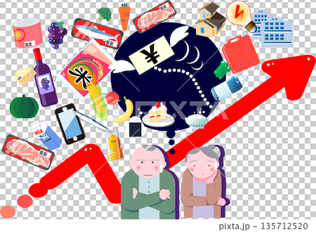 物価高騰と生活費の上昇に頭を悩ませる高齢者夫婦のイラスト 物価高騰と生活費の上昇に頭を悩ませる高齢者夫婦のイラスト 135712520