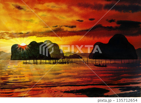 Painting  saescape colorful of Sea fishing in the sunlight  morning. 135712654