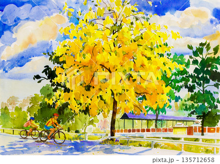 Painting watercolor landscape yellow orange color of golden tree flowers. Painting watercolor landscape yellow orange color of golden tree flowers. 135712658