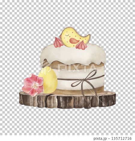 Easter cake with gingerbread chicken, meringue, egg and pink tulip on a wooden stand. Watercolor illustration is hand drawn in a cute spring eco style. For packaging design, postcards, invitations Easter cake with gingerbread chicken, meringue, egg and pink tulip on a wooden stand. Watercolor illustration is hand drawn in a cute spring eco style. For packaging design, postcards, invitations 135712716