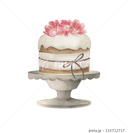 Easter cake with white icing and flowers on a stand. Watercolor illustration is hand-drawn in a gentle spring style. For the design of holiday cards, invitations, packaging, textiles, festival Easter cake with white icing and flowers on a stand. Watercolor illustration is hand-drawn in a gentle spring style. For the design of holiday cards, invitations, packaging, textiles, festival 135712717
