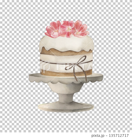 Easter cake with white icing and flowers on a stand. Watercolor illustration is hand-drawn in a gentle spring style. For the design of holiday cards, invitations, packaging, textiles, festival 135712717