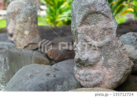 Tiki head at Te Lipona archaeological site, Puamau, Hiva Oa, French Polynesia 135712724