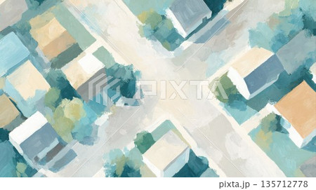 俯瞰視点の街並みを描いた抽象アート背景 油彩風テクスチャ 135712778