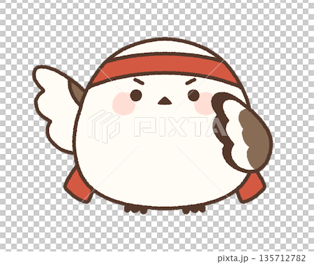 A long-tailed tit wearing a red headband and cheering with an upturned expression A long-tailed tit wearing a red headband and cheering with an upturned expression 135712782