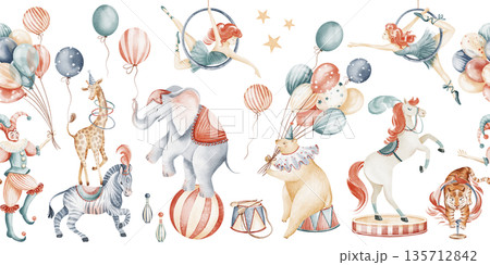 Seamless Watercolor Circus Border With Performers And Animals Seamless Watercolor Circus Border With Performers And Animals 135712842