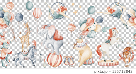 Seamless Watercolor Circus Border With Performers And Animals 135712842