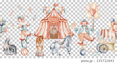 Seamless Watercolor Circus Border With Performers And Animals Seamless Watercolor Circus Border With Performers And Animals 135712843