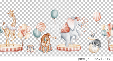 Watercolor Circus Seamless Border With Animals Watercolor Circus Seamless Border With Animals 135712845