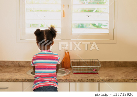African American girl standing at sink spraying countertop near window with spray bottle and sponge African American girl standing at sink spraying countertop near window with spray bottle and sponge 135712926