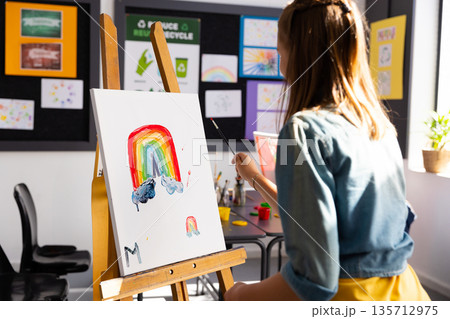 School-age girl painting rainbow on canvas at wooden easel in art class with paintbrush, copy space 135712975