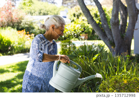 Mature adult woman pouring water from watering can onto flowering shrubs in home garden, copy space Mature adult woman pouring water from watering can onto flowering shrubs in home garden, copy space 135712998