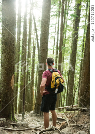 Man hiking rocky forest trail over roots wearing t-shirt, shorts carrying yellow-and-black backpack 135713085
