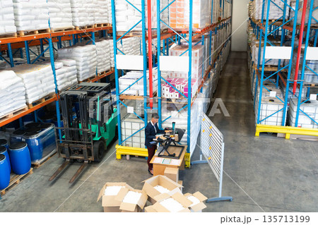 Mature adult woman working at mobile desk using laptop near boxes, forklift, racks inside warehouse 135713199