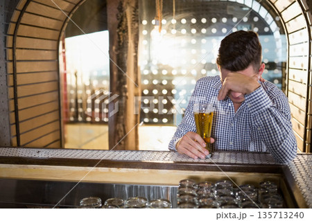 Man wearing checkered shirt leaning on metal mesh bar counter holding pint glass, copy space Man wearing checkered shirt leaning on metal mesh bar counter holding pint glass, copy space 135713240
