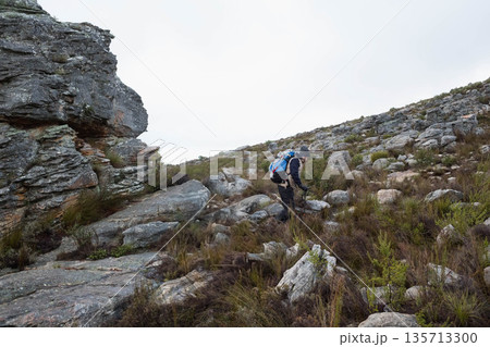 Male hiker wearing beanie climbing rocky slope using trekking pole and backpack amid grey sky 135713300