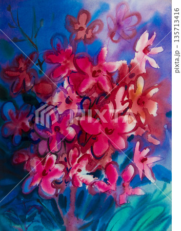 Watercolor painting original flower colorful of bouquet pink flowers beauty. Watercolor painting original flower colorful of bouquet pink flowers beauty. 135713416