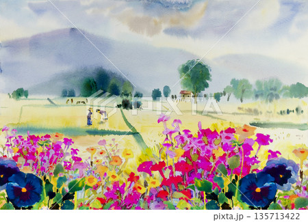 Painting colorful of wildflowers with farmer cornfield in spring. Painting colorful of wildflowers with farmer cornfield in spring. 135713422