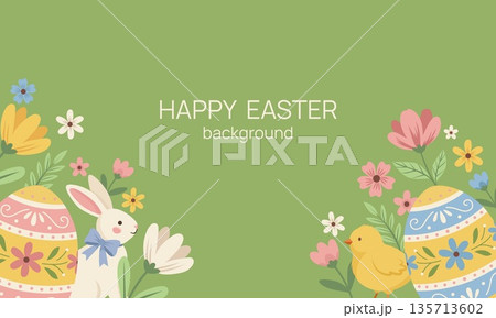 Easter greeting banner template. Green background with cartoon rabbit, bird and decorated eggs 135713602