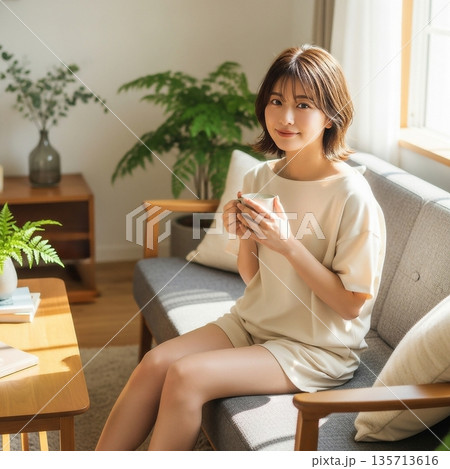 リビングのソファでくつろぐ若い女性 135713616