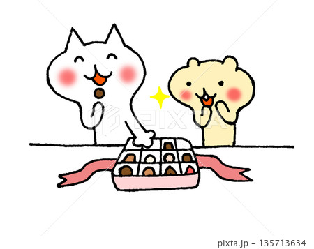 バレンタインのチョコレートを食べる動物のイラスト 135713634
