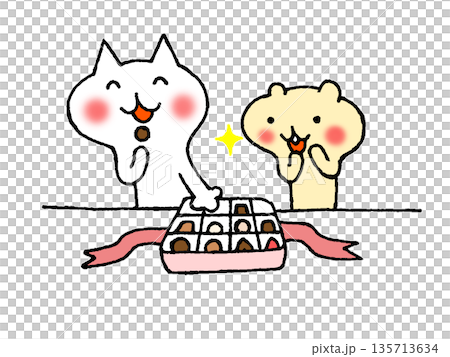 バレンタインのチョコレートを食べる動物のイラスト 135713634
