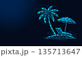 Low poly wireframe palm tree, sun lounger and umbrella on beach island. 135713647