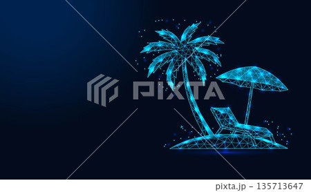 Low poly wireframe palm tree, sun lounger and umbrella on beach island. Low poly wireframe palm tree, sun lounger and umbrella on beach island. 135713647