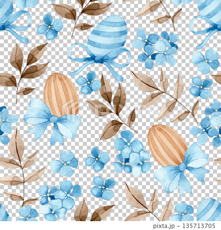 Easter pattern with cute watercolor Easter eggs, bows and flowers. Pastel colors 135713705