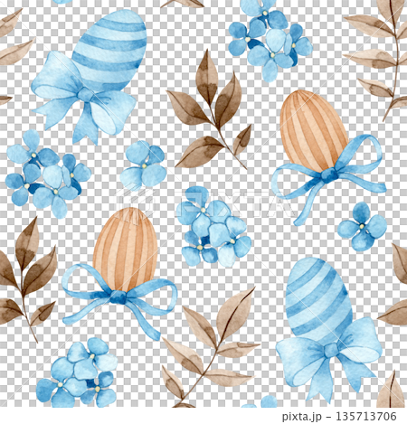 Easter pattern with cute watercolor Easter eggs, bows and flowers. Pastel colors Easter pattern with cute watercolor Easter eggs, bows and flowers. Pastel colors 135713706