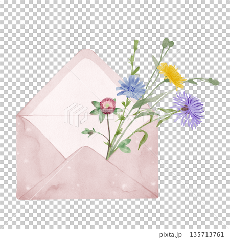 Envelope with Wildflowers Watercolor Illustration 135713761
