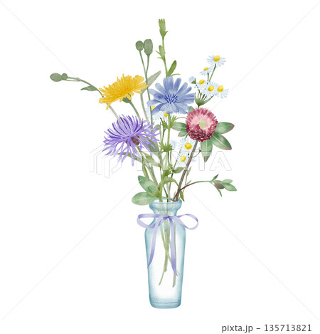 Wildflowers Bouquet In Glass Vase Watercolor Illustration Wildflowers Bouquet In Glass Vase Watercolor Illustration 135713821