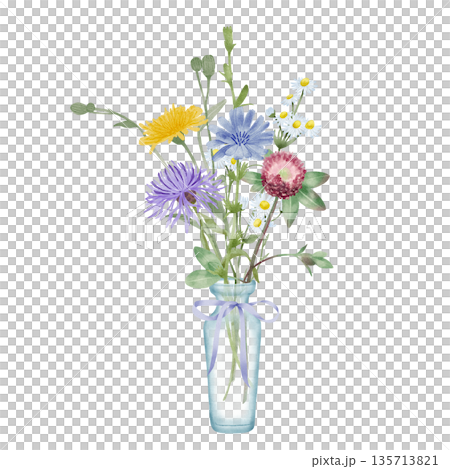 Wildflowers Bouquet In Glass Vase Watercolor Illustration Wildflowers Bouquet In Glass Vase Watercolor Illustration 135713821
