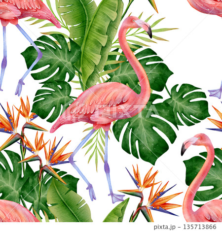 Tropical Flamingo Leaves Seamless Pattern 135713866
