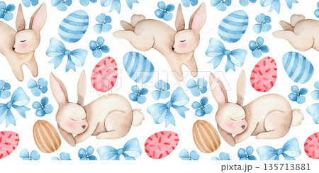 Easter seamless pattern with cute watercolor Easter bunnies, bows and flowers. Pastel colors. Easter seamless pattern with cute watercolor Easter bunnies, bows and flowers. Pastel colors. 135713881