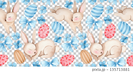 Easter seamless pattern with cute watercolor Easter bunnies, bows and flowers. Pastel colors. Easter seamless pattern with cute watercolor Easter bunnies, bows and flowers. Pastel colors. 135713881