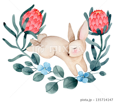 Easter composition with a cute watercolor Easter bunny, flowers and eucalyptus leaves. 135714147