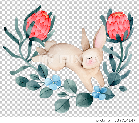 Easter composition with a cute watercolor Easter bunny, flowers and eucalyptus leaves. 135714147