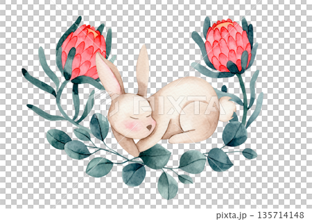 Easter composition with a cute watercolor Easter bunny, flowers and eucalyptus leaves. Easter composition with a cute watercolor Easter bunny, flowers and eucalyptus leaves. 135714148