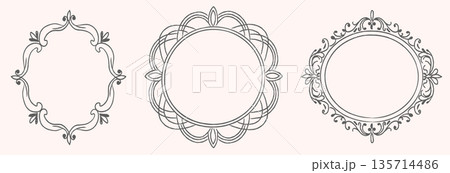Elegant hand drawn ornamental frames set with floral curves and vintage lace detail. Decorative round and oval borders. Classic paper cut design for invitations, label, stationery. Vector illustration Elegant hand drawn ornamental frames set with floral curves and vintage lace detail. Decorative round and oval borders. Classic paper cut design for invitations, label, stationery. Vector illustration 135714486