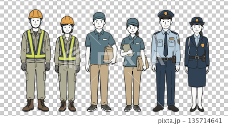 一組描繪建築、物流和安保行業從業人員的插圖。 135714641