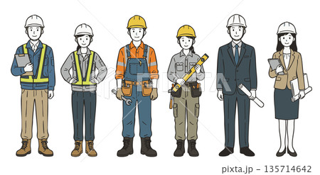 建築・建設・不動産業界のスタッフ人物イラストセット 135714642