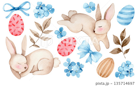Easter set with cute watercolor Easter bunnies, flowers, bows and ribbons in pastel colors Easter set with cute watercolor Easter bunnies, flowers, bows and ribbons in pastel colors 135714697